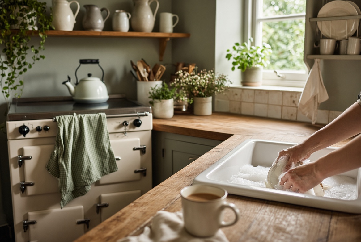 Hands washing up in a cottage kitchen, a cup of tea on the side
